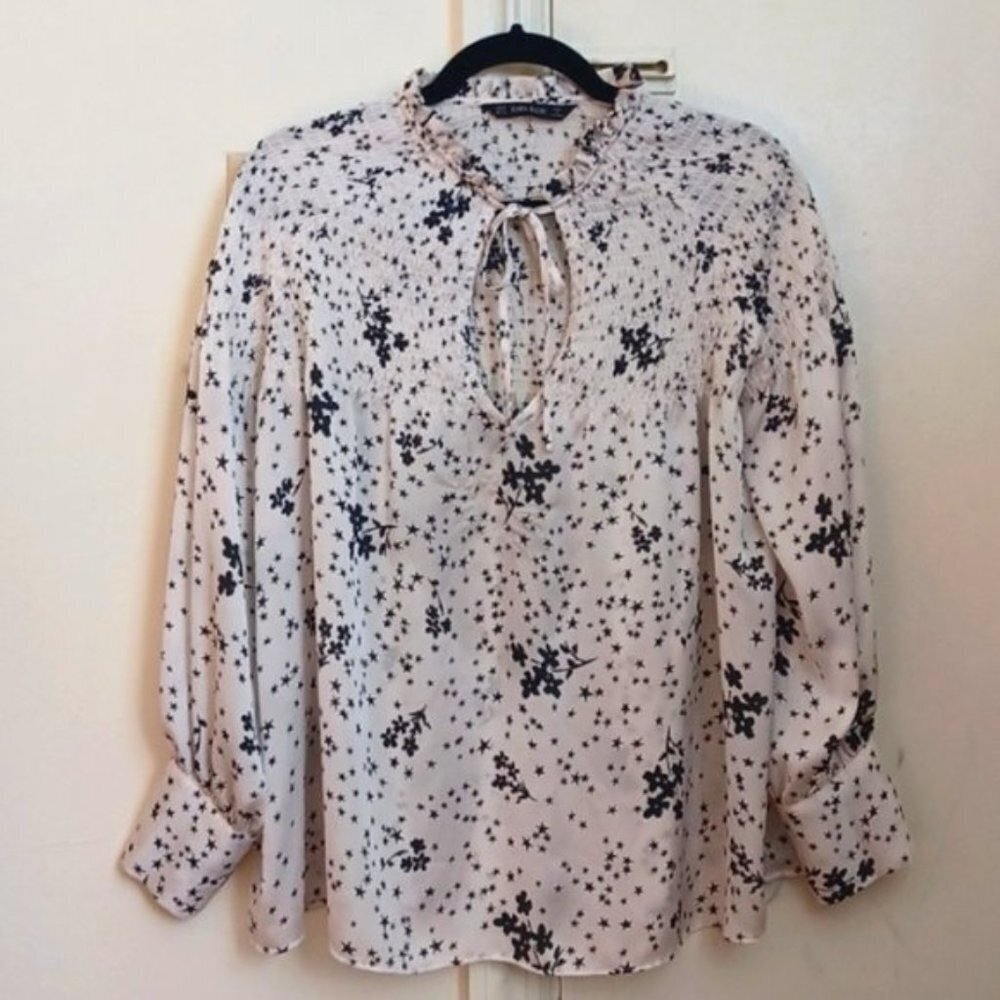 Zara Star Floral Blouse M Statement Sleeve Smocked Peasant Top Cottagecore - Picture 3 of 9